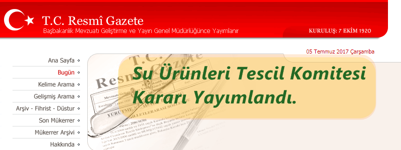 Su Ürünleri Tescil Komitesi Kararı Yayımlandı.